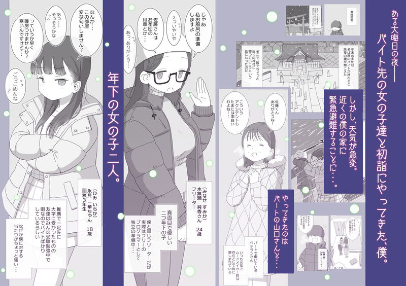 エロ漫画「ある大雪の冷たい夜僕の家の布団の中でバイト先の女の子達が内緒で密着あたためえっちしてくれた。」無料サンプル2